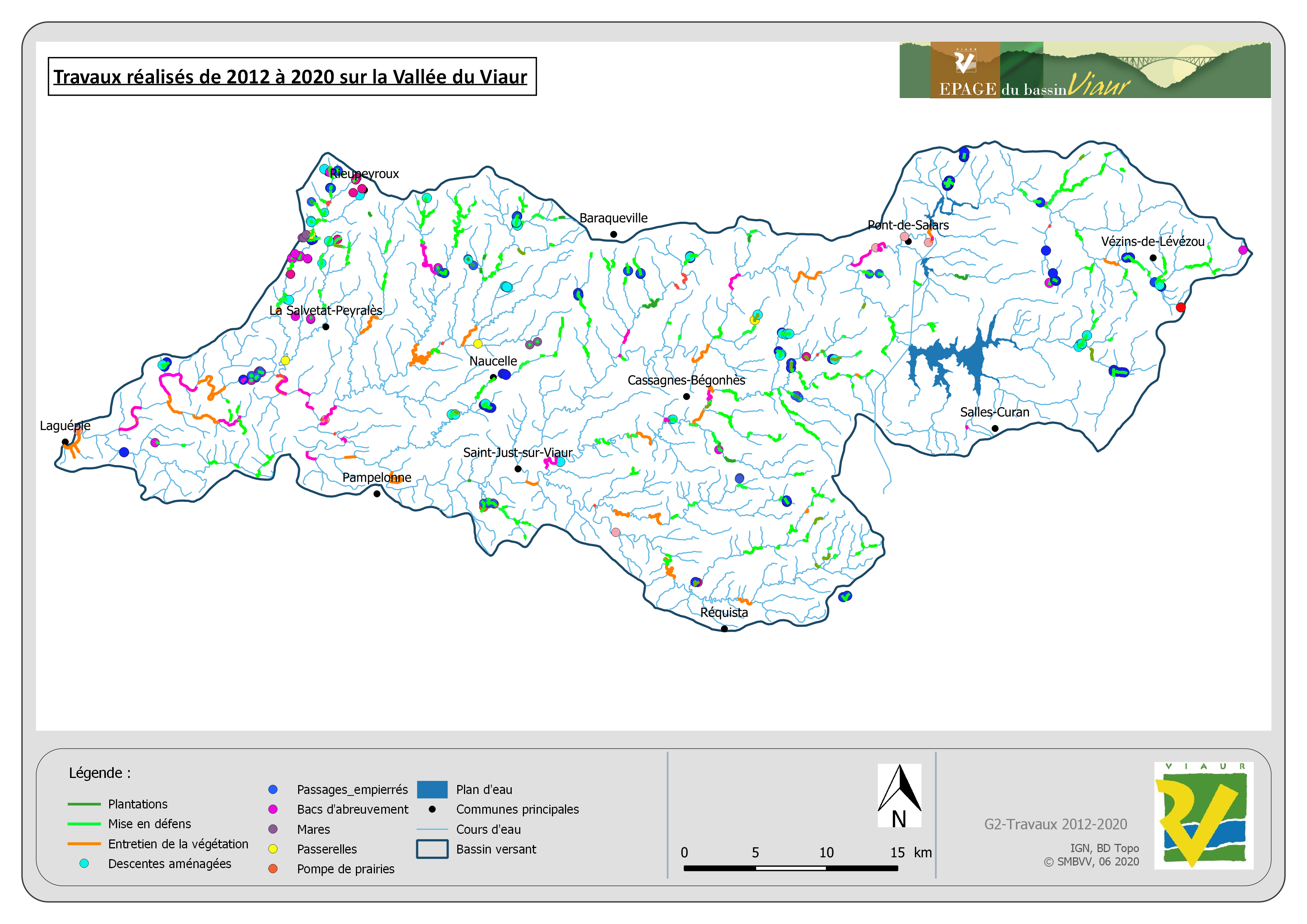 Carte : Les travaux réaliséspar l'Equipe d'Agents de l'EPAGE Viaur depuis 2012